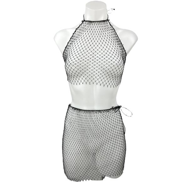 Coachella Rave Music Festival Black Mesh Net Halter Cover Up 2 Piece Set Size S - Picture 1 of 5